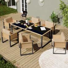 Polyrattan Dining Table And Chair Set, Garden Furniture, 6-Person Garden Dining Set With Armchairs, Removable And Washable Fabric Covers - 黑色,棕色 - 查看 6