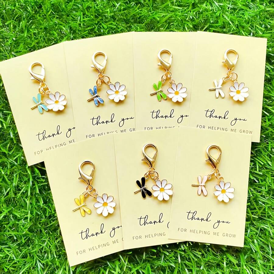 Set de 7 llaveros con libélulas y margaritas, con tarjetas de agradecimiento, regalo perfecto para cumpleaños, San Valentín, graduación, Navidad y vuelta al colegio - Multicolor - Ver 1