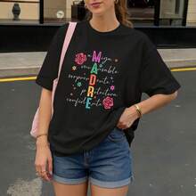 Camiseta Negra con Estampado de Flores y Palabras en Español para Mujer Casual - Negro - Ver 3