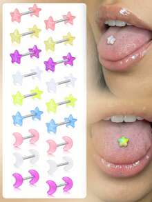 CIZME 16mm 14G Stainless Steel Straight Barbell Piercing Jewelry With Colorful Moon & Star Designs, Unisex Tongue/Nipple Ring - Straight Barbells - View 5