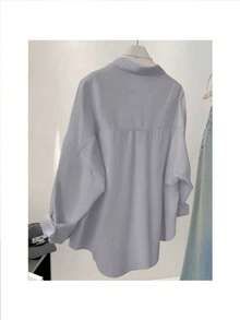 Women's Solid Color Casual Long Sleeve Shirt, Versatile - Blue - View 2