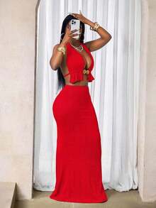 Conjunto de top halter metálico calado y minifalda para mujer - Rojo - Ver 4