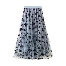 Faldas de tul con flores para mujer, faldas plisadas de cintura alta, estilo coreano, de malla, para oficina, novedad de verano - Gris azulado - Ver 4