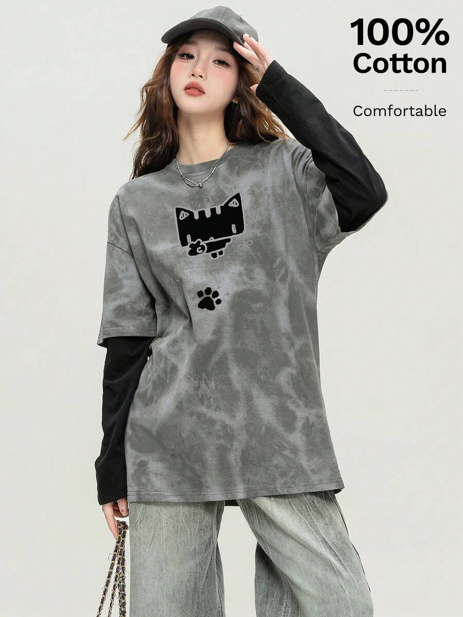 JUTU Spring & Autumn Cartoon Print Patchwork Tee, Loose Fit Crew Neck Long Sleeve Top, Suitable For Vacation, Spring Festival Casual - 409 Ash Black - KJ0217 - View 1