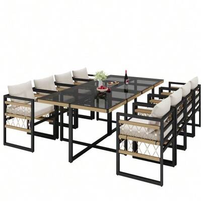 Handwoven Garden Sofa Set For 4 People / Made Of Sturdy Iron With 4 Beige Cushions / Includes 1 Safety Glass Table And 4 Armchairs / Weather-Resistant Outdoor Furniture