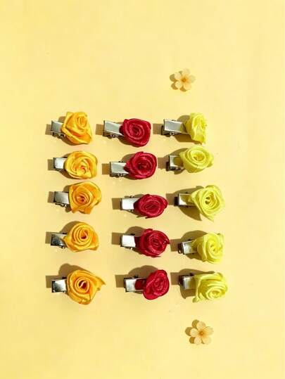 15pcs Rose Red, Pink, Yellow Bangs Clips, Princess Hair Clips Set, Cute Girls Hair Accessories Set, Suitable For Daily Use