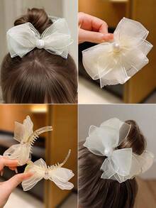 1pc Fabric Bowknot Hair Claw Clip, Suitable For Daily Wear, Beige, Pink, Purple Colors For Women - White - View 2