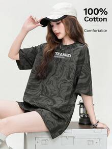 JUTU English Graphic All-Over Print Short Sleeve Round Neck Loose Knit Heather Grey Women Top, Elegant For Party, Summer, Valentine's Day Casual - 0A66  Gray - KJ0221 - View 3