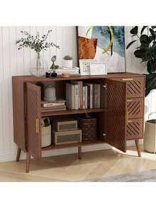 SURUIHK Storage Cabinet With 3 Drawers & Double Doors Wood Buffet Sideboard Cabinet Multi Use Storage Organizer For Kitchen Dining Room Living Room Natural Wood Style - 棕 - 查看 5