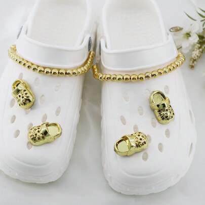 6pcs Gold Perforated Shoes Faux Pearl Decor Set, ABS Electroplated Small Shoe Bead Chain Combo, Luxury Sparkling Shoe Accessories, Suitable For Perforated Shoes, DIY Personalized Shoe Decoration