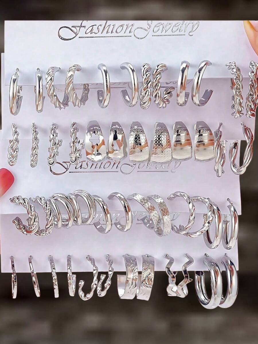 6 st/24 st eleganta vintagechic konstpärlhjärta geometriska flätade breda metall C-formade ringörhängen flerdelat set, present till högtid, fest, dejt, vardagskläder - Silver - Visa 1