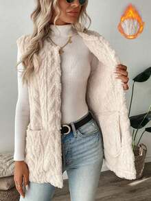 SUNSTORY Women's Winter Apricot Cable Knit Sleeveless Fleece Vest, Casual Versatile Style, Suitable For Layering, Commuting, Shopping, Store Visiting, Daily Outfits - Apricot - View 5