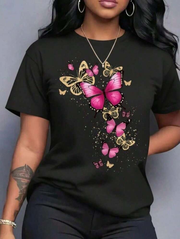 Women's Soft 100% Cotton T-Shirt With Short Sleeves, Round Neck, Comfortable And Lightweight, Gradient Flying Butterfly Print, Breathable, Ideal For Any Outfit. - màu đen - Xem 1