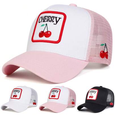 1pc Women's CHERRY Trucker Hat, Personality Letter Embroidery Baseball Cap, Streetwear Fashion Mesh Cap, Outdoor Sun Protection Casual Hat For Spring, Autumn, Travel, Beach