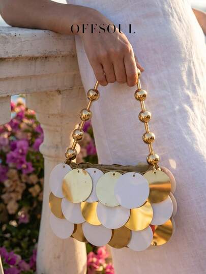 Round Sequin Handbag For Women, New Party, Wedding, Bridal Clutch Bag With Pearl Beaded Handwork, White Formal Evening Bag