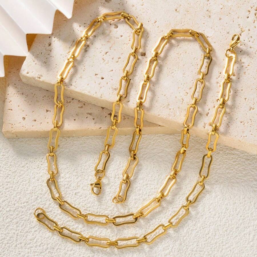 2pcs 18K Gold Plated Paperclip Necklace Bracelet Jewelry Set, Stainless Steel Non Tarnish Chain - Gold - View 1