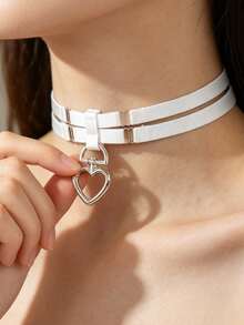Y2K Gothic Heart Lock Choker, Double Band Elastic Strap Necklace With Heart Pendant, Punk Kitten Play Aesthetic Accessory - A - View 9