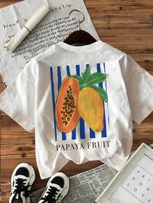 [Women's Printed T-Shirt] Spring And Summer Fashion Women's Top - Double-Sided Print, Illustrated Style, Papaya Fruit Print, Round Neck Short Sleeve T-Shirt - Ladies T-Shirt - White - View 3