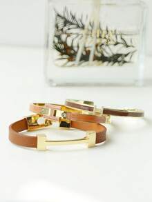 3pcs Fashionable Chic Golden Letter Leather Bracelets, Personalized Accessories Gift For Girlfriend - 3-piece Set - Brown Combination - View 4