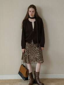 Rok A-Line Longgar Motif Leopard Terbaru, Rok Kasual dengan Hem Bergelombang untuk Wanita, Musim Semi & Gugur - Khaki - View 4