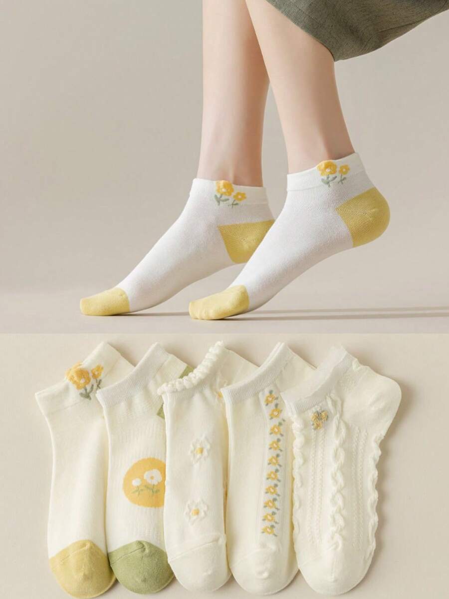 5 đôi tất mỏng cổ ngắn cho nữ, họa tiết hoa dễ thương, tất cotton thời trang, thích hợp cho mùa xuân/hè. - Nhiều màu - Xem 1