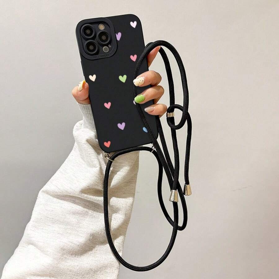 Convenient Lanyard Phone Case With Adjustable Lanyard And Shoulder Strap, Minimalist Heart Design, Shockproof TPU Protective Case For Apple Phones - Multicolor - View 1
