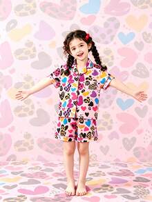 Set de pijamale cu mânecă scurtă, stil graffiti, cu imprimeu de inimă și leopard, pentru fete preadolescente, cu guler, nasturi și buzunare, drăguț și confortabil pentru băieți și fete, potrivit pentru toate anotimpurile, ținute de petrecere și timp liber - Roz - Vizualizare 4