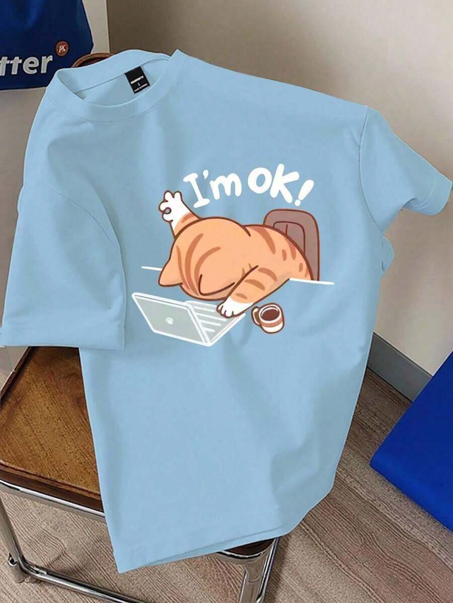 Men's Short-Sleeved, Crew Neck T-Shirt With Cartoon Cat And Letter Print, Loose And Casual Fit - 酒紅色 - 查看 1