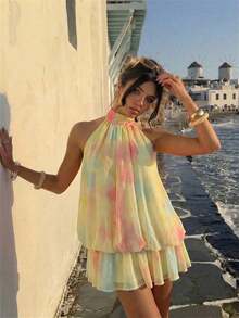 Vestido mini elegante de mujer con cuello halter y lazo en color amarillo claro - Amarillo claro 2 - Ver 9