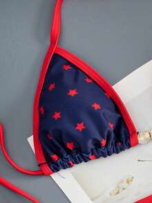 2026 New Star Print 2pcs Bikini Set, Blue With Dark Trim, Triangle Top And Drawstring Shorts, Women Summer Swimwear - Navy Blue - View 5
