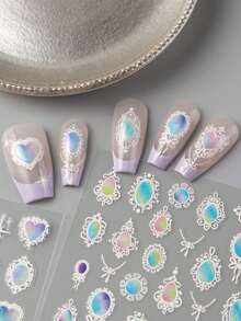 FULL BEAUTY Iridescent Aurora Vintage Lace Bohemian Totem Gemstones Nail Stickers Bow Heart Mirror Necklace Baroque Court Style Y2K Nail Supplies For Women & Girls DIY Manicure,Wedding Nail Decorations Accessories - Multicolor - View 8