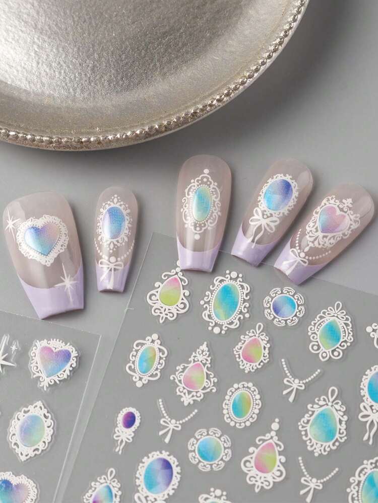 FULL BEAUTY 炫彩极光复古蕾丝波西米亚图腾宝石美甲贴纸蝴蝶结心形镜面项链巴洛克宫廷风格Y2K美甲用品，适合女性和女孩DIY美甲、婚礼美甲装饰配件 - 彩色 - 查看 8