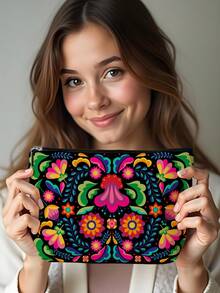 1 pieza Bolsa de maquillaje con patrón de flor de dalia mexicana, bolsa cosmética plegable de gran capacidad y peso ligero, multifuncional, duradera y con cremallera, adecuada para uso diario y viajes, regalo compacto y elegante - Multicolor - Ver 10
