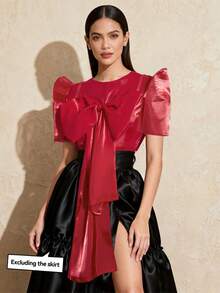 Amyenjoylife 现代菲律宾风情红色花瓣袖浪漫蝴蝶结衬衫 - 紅色 - 查看 5