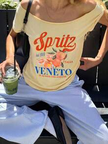 女款復古 Spritz Italia 圖案針織圓領短袖落肩 T-shirt 上衣，春季街頭風夏季款 - 淡黃色 - 查看 6