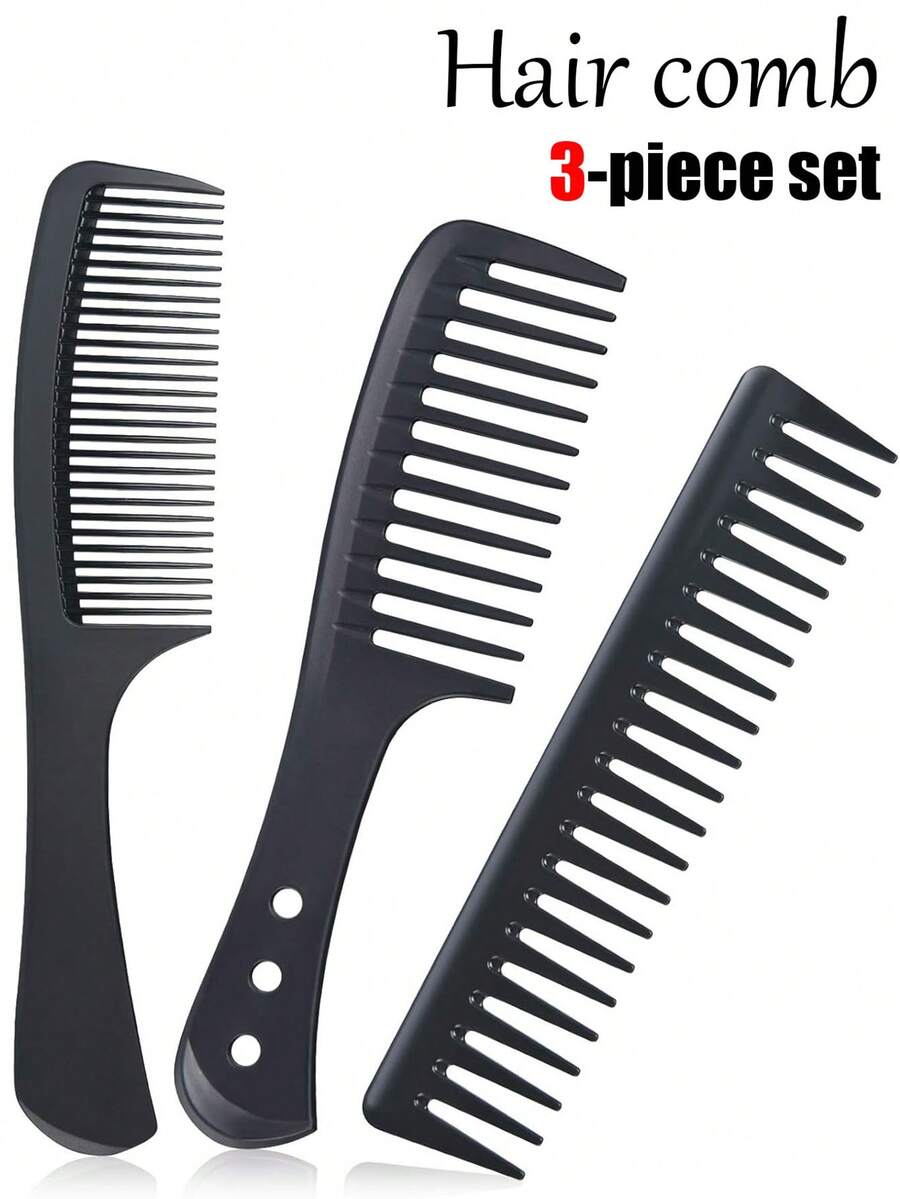 Bộ 3 lược răng to bản, lược chải tóc chuyên nghiệp bằng sợi carbon dành cho nam và nữ, dùng được cả khi tóc ướt và khô, tóc xoăn dài, chống tĩnh điện, chịu nhiệt, giảm rụng và gãy tóc (3/1 cái) - màu đen - Xem 1