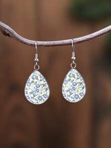 1 Pair French Countryside Style Fresh Blue Floral Pattern With 316 Stainless Steel Teardrop Earrings, Minimalist Design Suitable For Women's Daily Wear And Gift, Elegant Minimalist Style Jewelry Earrings Suitable For Women's Daily And Holiday Wear - Baby Blue - View 2