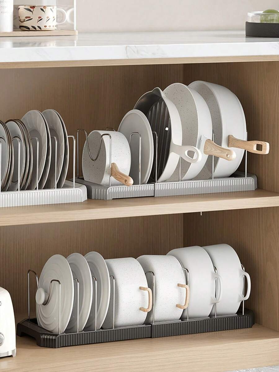 Cookware And Utensil Storage Rack - Ultimate Kitchen Storage Rack - Adjustable And Expandable Kitchen Cabinet Storage Rack, White Metal Pot Rack, Telescopic Dish Drying Rack, For Storing Plates, Bowls And Kitchenware, Space-Saving Design, With Non-Slip Foot Pads, Easy Installation Without Tools, Multi-Functional Kitchen Storage Solution, Perfect For Small Kitchens And Apartments.