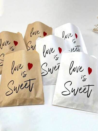 Bolsa de papel kraft marrón, impresa con forma de corazón rojo y texto "El amor es dulce", bolsa de regalo romántica para fiestas, adecuada para el Día de San Valentín, aniversario, celebración de bodas, despedida de soltera, empaque de regalo romántico y eventos festivos
