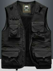 Non-Stretch Outdoor Men's Spring/Autumn Thin Vest With Multi-Functional Pockets, Casual Utility Fishing & Photography Jacket - Black - View 2