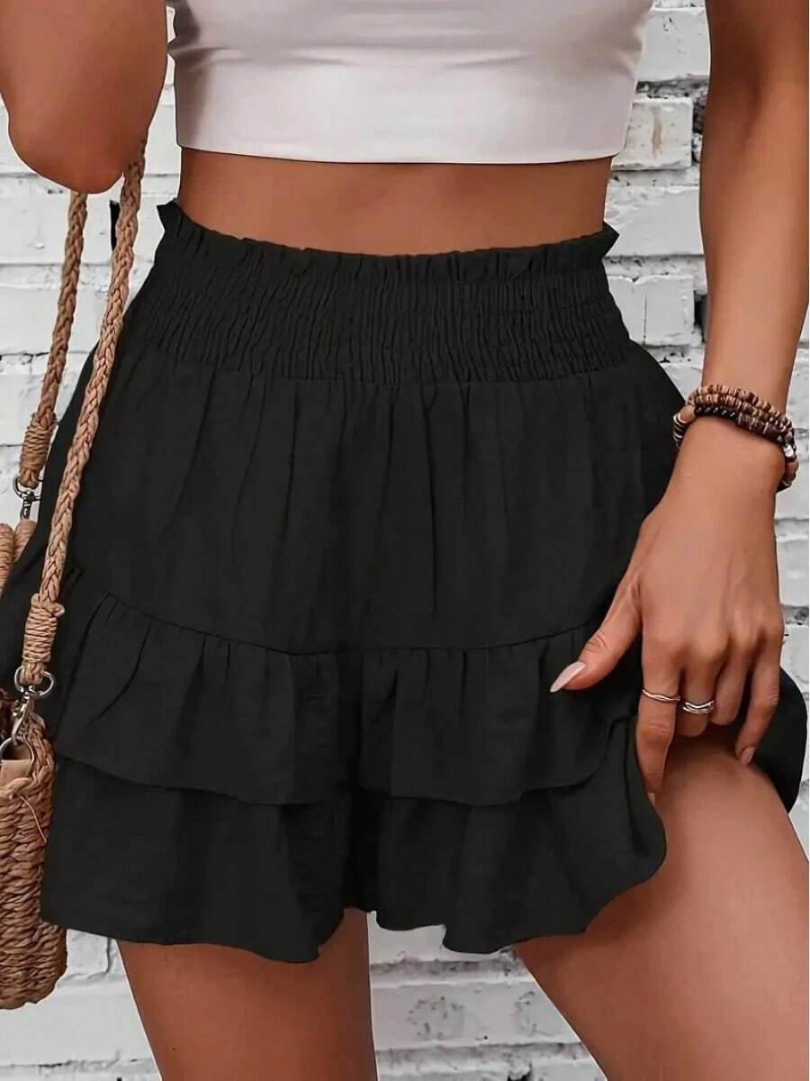 Falda corta de pierna ancha para mujer, prenda informal de color puro, a la moda, Europa y Estados Unidos, primavera y verano - Negro - Ver 1