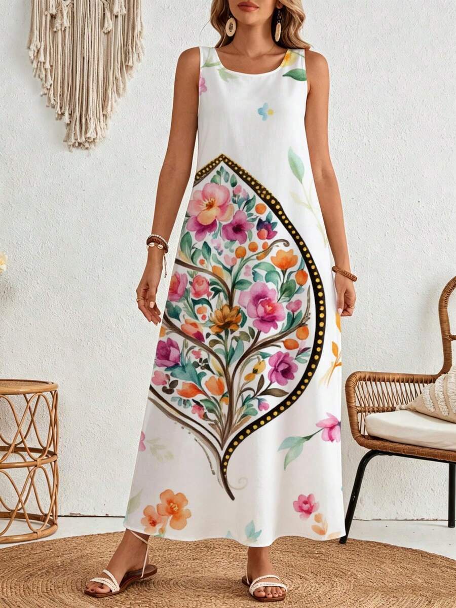 Floral Print Sleeveless Maxi Dress White Bohemian Style With Colorful Flowers And Leaves Pattern For Beach Vacation Summer Outings - Multicolor - View 1