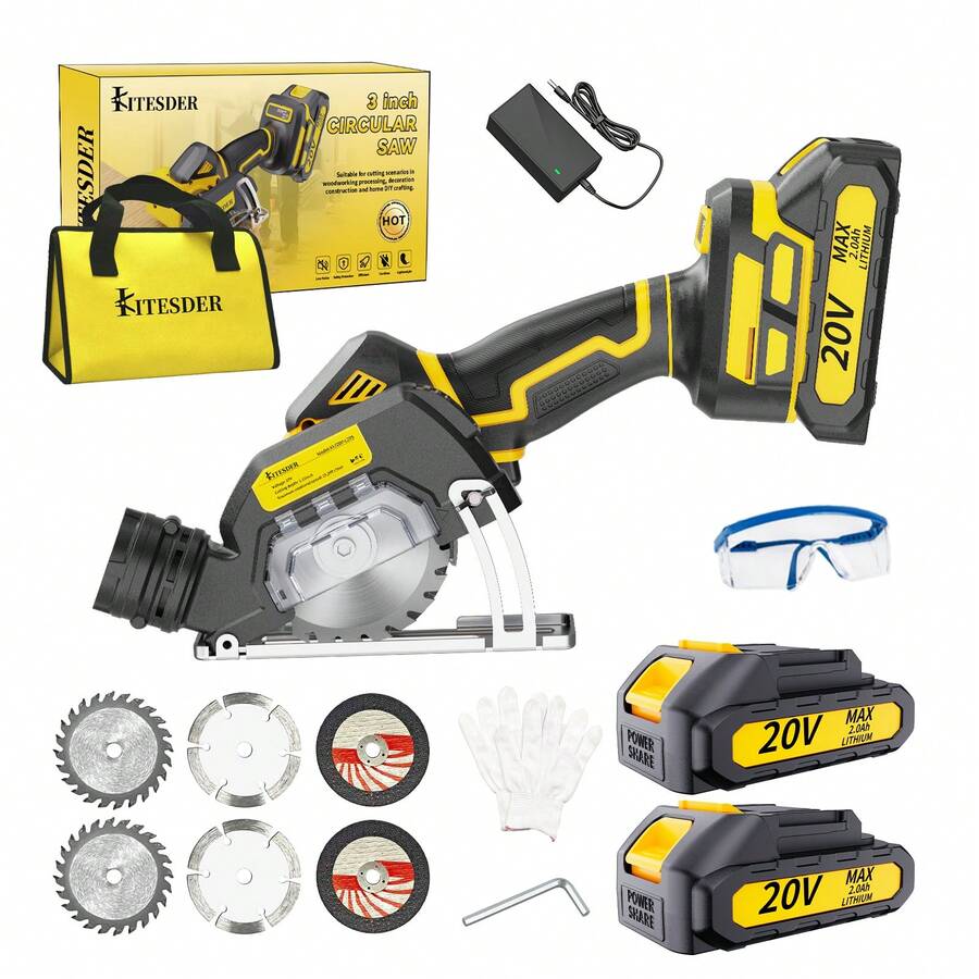 KITESDER Cordless Mini Circular Saw For 20V Battery, 4" Brushless Power Circular Saws,25000RPM Small Power Saw With Dust Shroud & Blade, Cut Metal Wood Plastic - 雙電+6鋸片+布包 - 查看 1