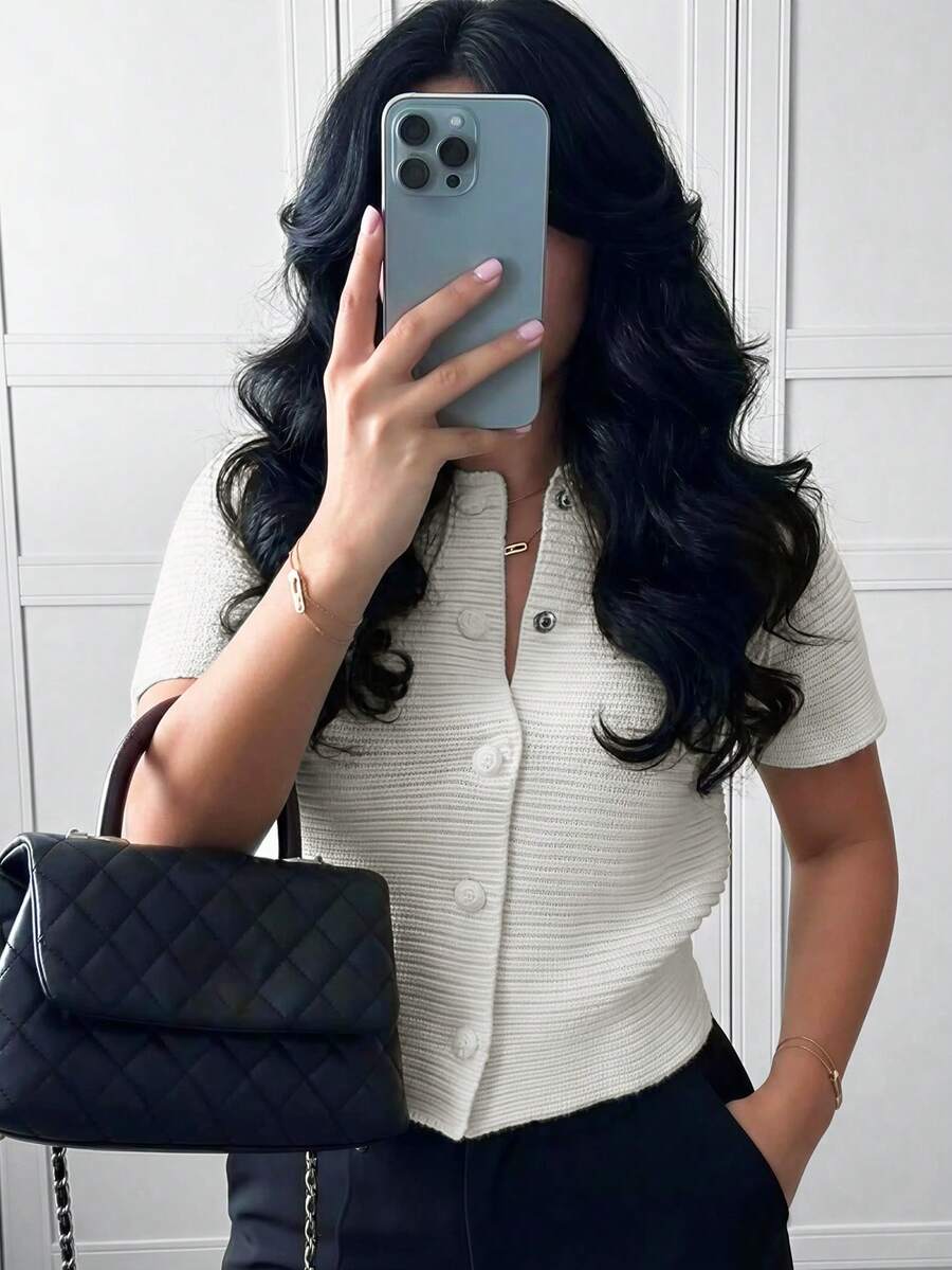 Women's Casual Solid Color Short Sleeve Knit Cardigan, Stand Collar Button Cardigan Top Spring White - White - View 1