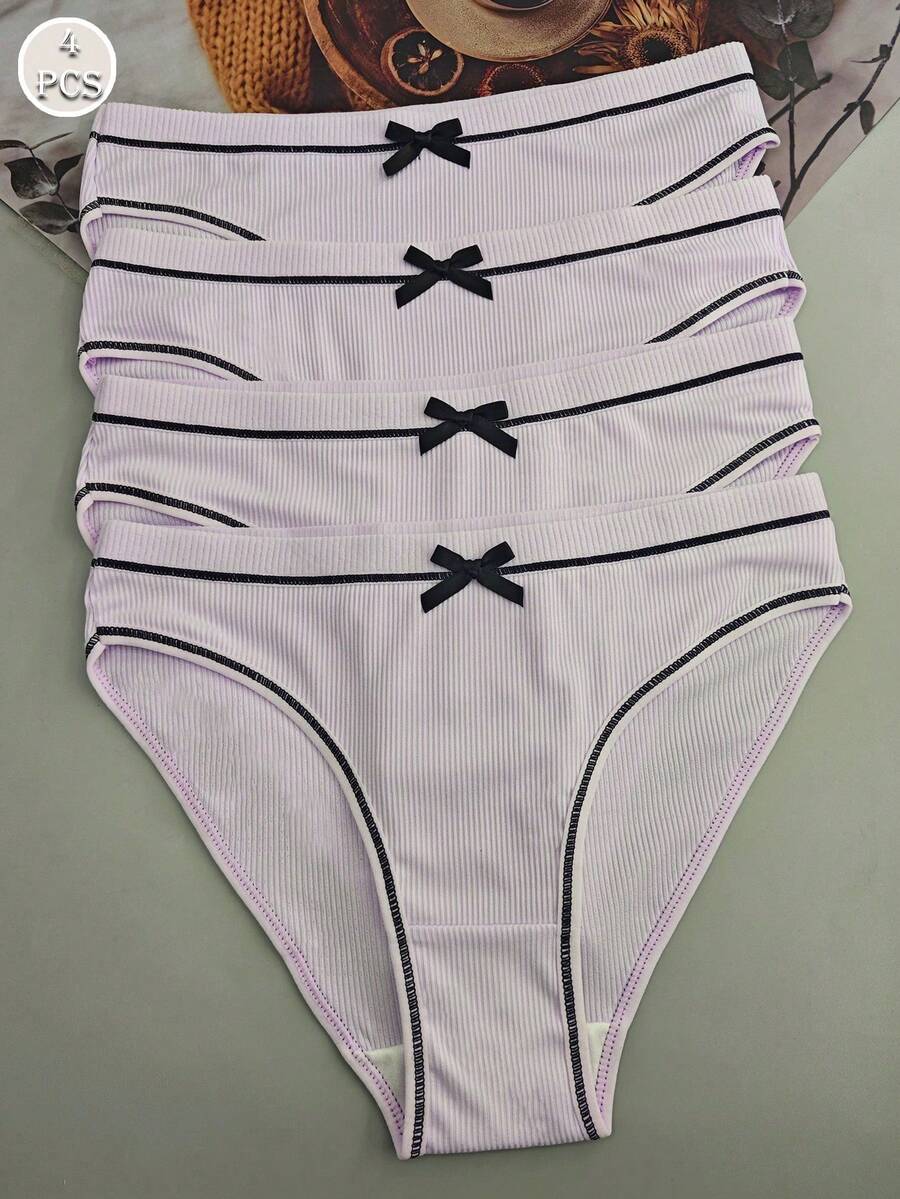 4 piezas de bragas deportivas triangulares sueltas y cómodas de seda de leche púrpura con lazo lindo para mujeres - Púrpura malva - Ver 1