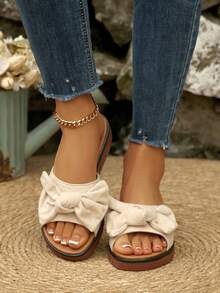 Plus Size Women's Versatile Bow Tie Wedge Platform Slide Sandals, New Summer Open Toe Beach High Heel Sandals - Beige - View 2