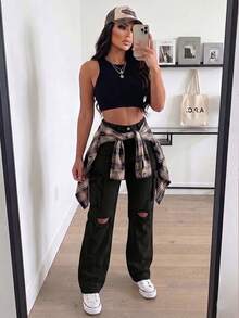 Women's High Waist Cargo Jeans With Ripped Detail, Retro Street Style, Versatile Denim Pants - màu đen - Xem 3