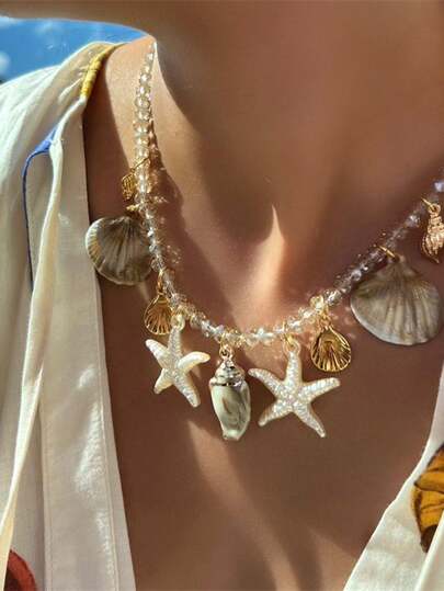 1件波西米亚贝壳海星吊坠项链，适合女士夏季海滩、日常、派对佩戴，也是送给女友或母亲节的礼物。