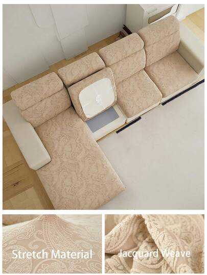 1pc Khaki Paisley Jacquard Stretch Sofa Seat Cushion Cover, Anti-Slip Elastic Sofa Slipcover, Removable Washable Furniture Protector, Suitable For L-Shaped Sectional & 1/2/3/4 Seater Sofas, All-Season Universal