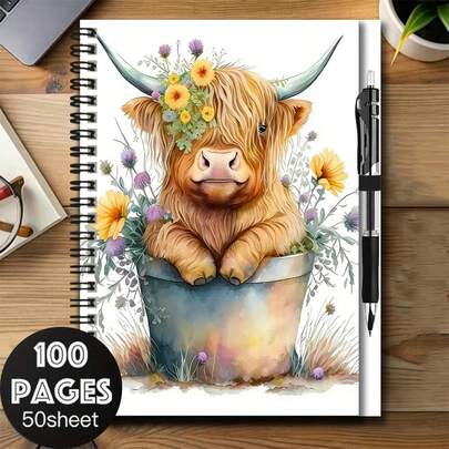 Bộ 1 sổ tay lò xo dễ thương kèm bút, bìa in hình chú bò bông đáng yêu giữa cánh đồng hoa, 100 trang/50 tờ, thích hợp để ghi chú công việc, học tập, lên kế hoạch hàng ngày, viết nhật ký. Cũng là món quà ý nghĩa cho lễ tốt nghiệp, sinh nhật và nhiều dịp khác.